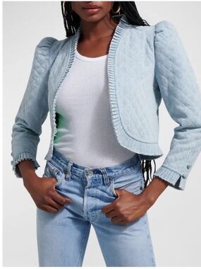LOVE THE LABEL Adrienne Cropped Quilted Puff Sleeve Open Blazer in guiness denim
